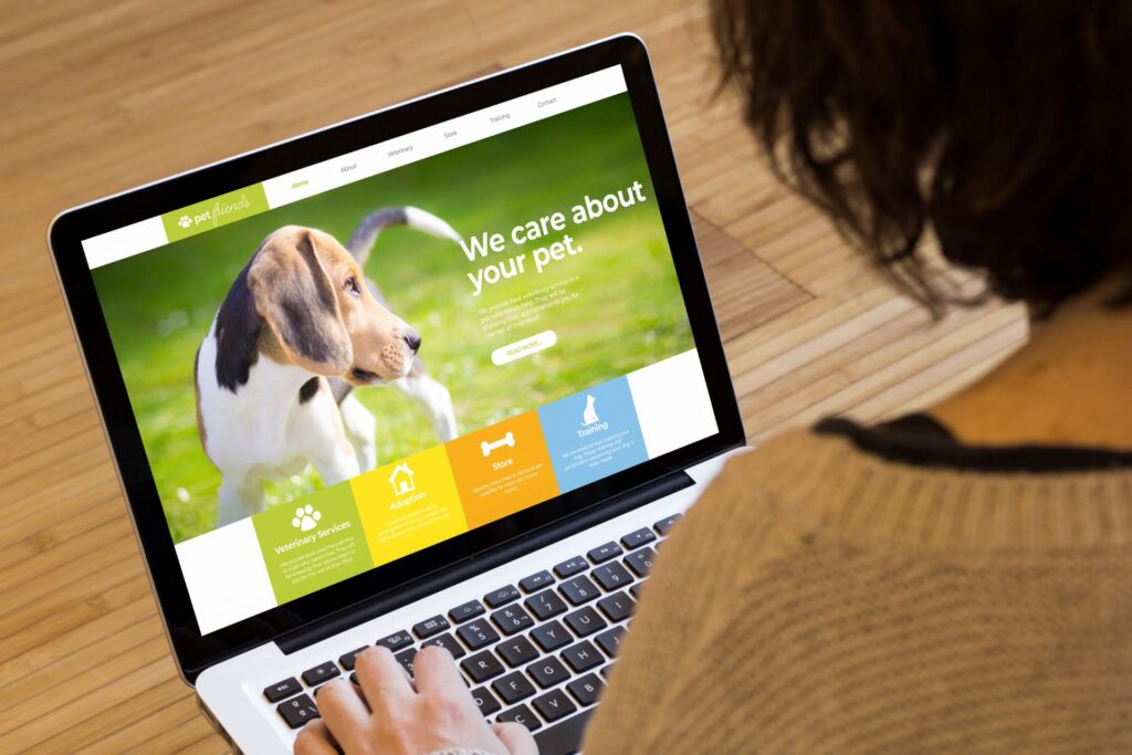 Woman sitting in front of a laptop computer showing graphic of a veterinary services homepage